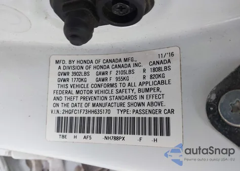 2017 Honda Civic Ex-L z USA, uszkodzony, nr VIN 2HGFC1F73HH635170